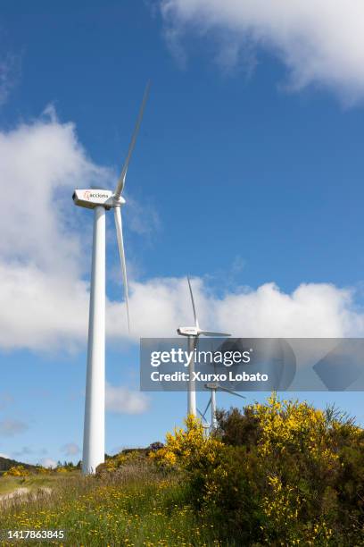 Windmills of the wind farm in San Mamede de Cerredo, owned by the energy company Acciona, are seen on June 4, 2021 on A Fonsagrada, Galicia, Spain....