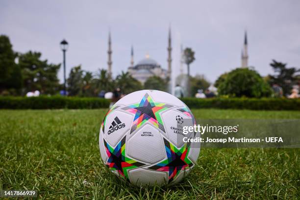 The official match ball of the UEFA Champions League is pictured in front of the Blue Mosque on August 24, 2022 in Istanbul, Türkiye.