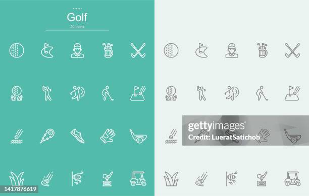 ilustraciones, imágenes clip art, dibujos animados e iconos de stock de iconos de la línea de golf - drive ball sports