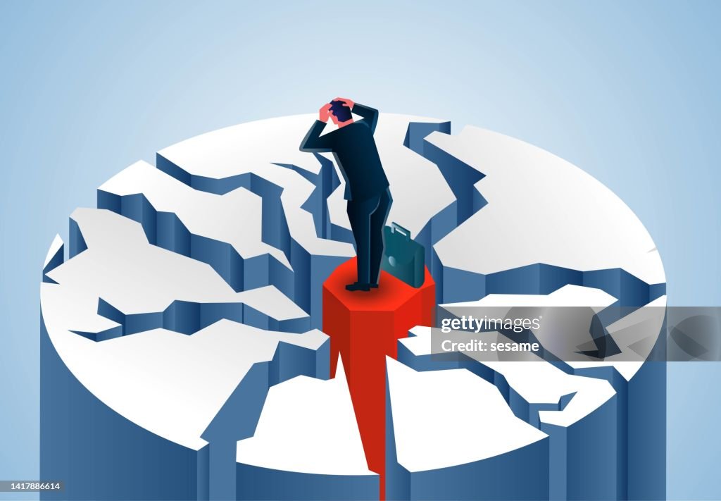 Isometric Businessman standing on top of mountain with multiple cracks, stock market falling, financial crisis or economic bubble burst, investment failure