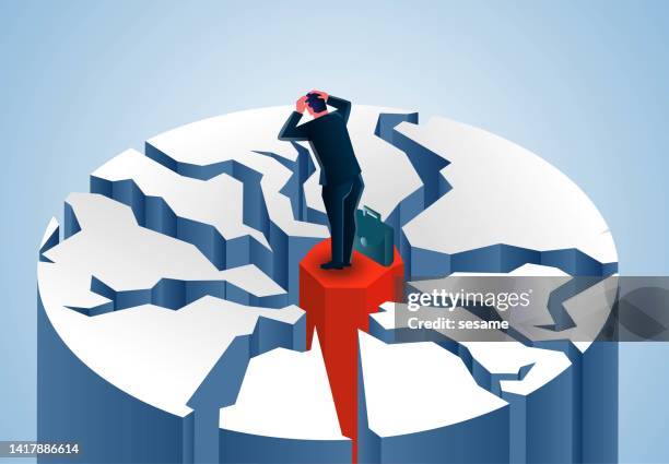 ilustrações de stock, clip art, desenhos animados e ícones de isometric businessman standing on top of mountain with multiple cracks, stock market falling, financial crisis or economic bubble burst, investment failure - survival