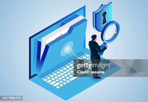 Folder document search and file security protection, file security and access rights, isometric businessman holding magnifying glass searching for files on laptop Folder document search and file security protection, file security and access rights, isometric businessman holding magnifying glass searching for files on laptop