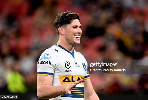 Mitchell Moses of the Eels during the warm up before the round 24 NRL match between the Brisbane Broncos and the Parramatta Eels at Suncorp Stadium,...