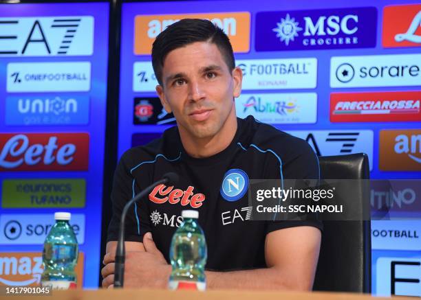 Giovanni Simeone of Napoli speaks at a press conference on August 25, 2022 in Naples, Italy.