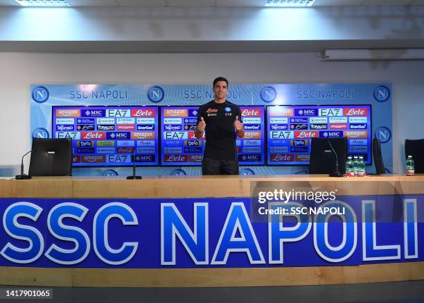 Giovanni Simeone of Napoli speaks at a press conference on August 25, 2022 in Naples, Italy.