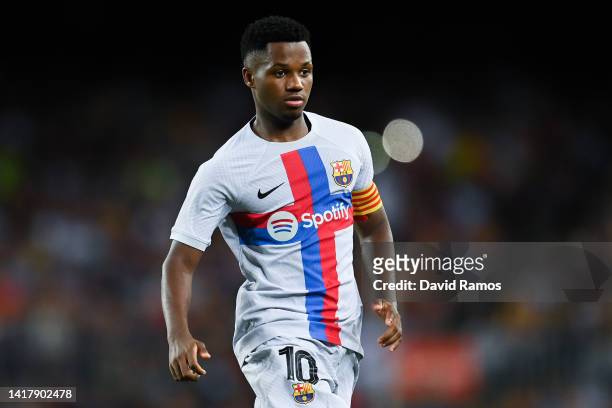 Ansu Fati of FC Barcelona looks on during the friendly match between FC Barcelona and Manchester City at Camp Nou on August 24, 2022 in Barcelona,...