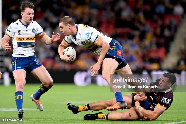 Shaun Lane of the Eels takes on the defence during the round 24 NRL match between the Brisbane Broncos and the Parramatta Eels at Suncorp Stadium, on...