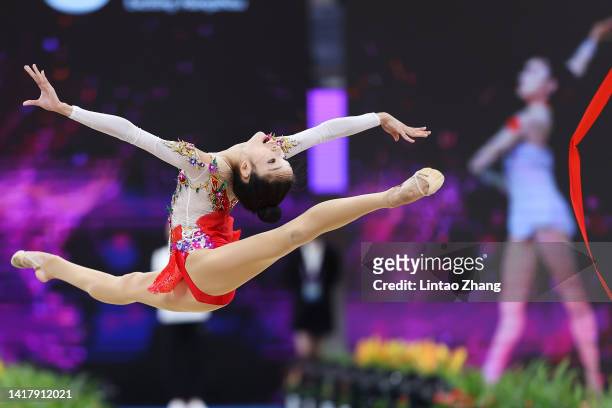 Zhang Yuhan of China competes with the ribbon during the all round rhythmic gymnastics on day three of the National Rhythmic Gymnastics Championship...