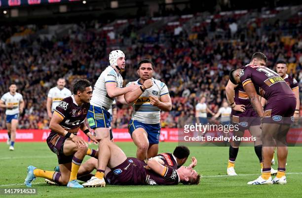 Isaiah Papali'i of the Eels csatduring the round 24 NRL match between the Brisbane Broncos and the Parramatta Eels at Suncorp Stadium, on August 25...
