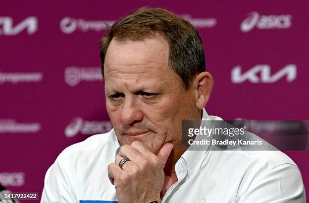 Broncos coach Kevin Walters looks dejected as he speaks at a press conference after the round 24 NRL match between the Brisbane Broncos and the...