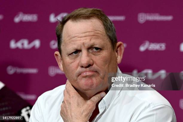 Broncos coach Kevin Walters looks dejected as he speaks at a press conference after the round 24 NRL match between the Brisbane Broncos and the...