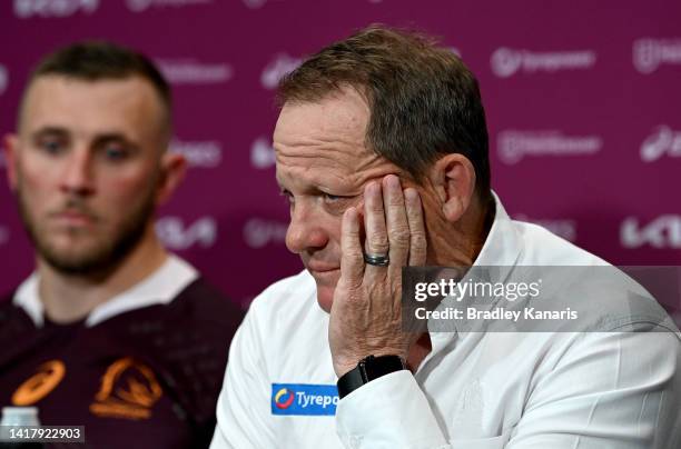 Broncos coach Kevin Walters looks dejected as he speaks at a press conference after the round 24 NRL match between the Brisbane Broncos and the...