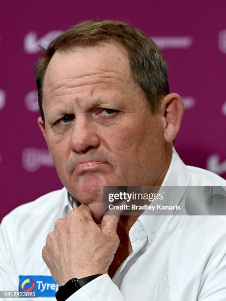 Broncos coach Kevin Walters looks dejected as he speaks at a press conference after the round 24 NRL match between the Brisbane Broncos and the...