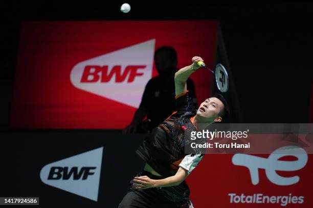 Ng Ka Long Angus of Hong Kong competes in the Men's Singles Third Round match against Loh Kean Yew of Singapore on day four of the BWF World...