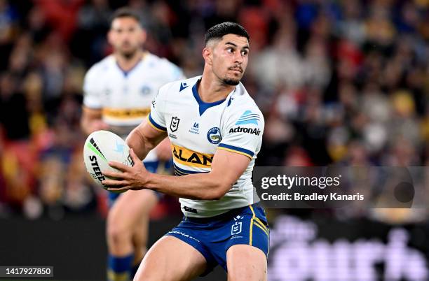 Dylan Brown of the Eels looks to pass during the round 24 NRL match between the Brisbane Broncos and the Parramatta Eels at Suncorp Stadium, on...