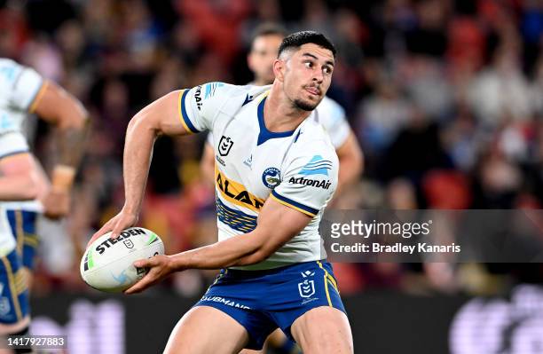 Dylan Brown of the Eels looks to pass during the round 24 NRL match between the Brisbane Broncos and the Parramatta Eels at Suncorp Stadium, on...
