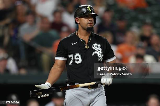 Jose Abreu of the Chicago White Sox bats against the Baltimore Orioles at Oriole Park at Camden Yards on August 24, 2022 in Baltimore, Maryland.