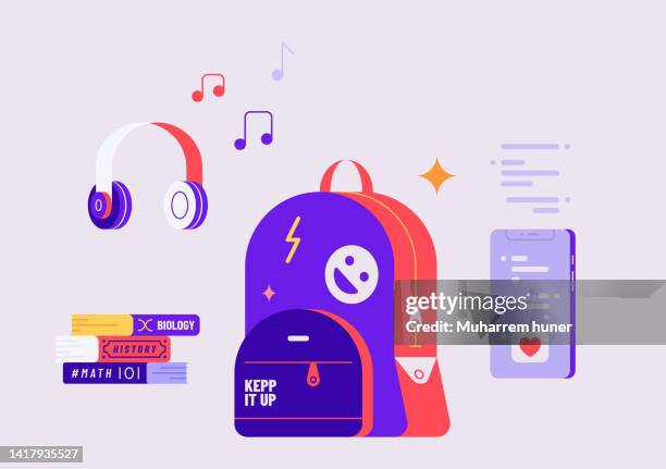 ilustraciones, imágenes clip art, dibujos animados e iconos de stock de ilustración vectorial de la mochila escolar adolescente y los artículos. - auriculares