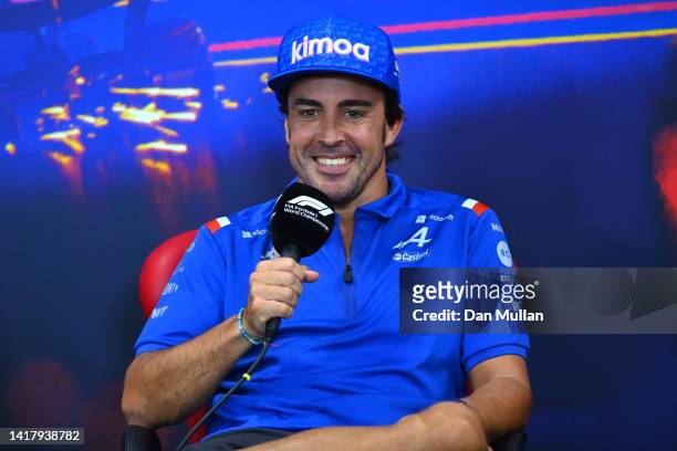 Fernando Alonso of Spain and Alpine F1 talks in the Drivers Press Conference during previews ahead of the F1 Grand Prix of Belgium at Circuit de...