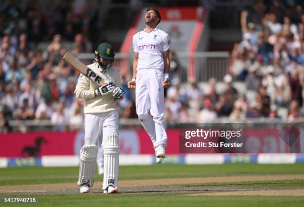 England bowler James Anderson celebrates the wicket of Keshav Maharaj during day one of the second test match between England and South Africa at Old...