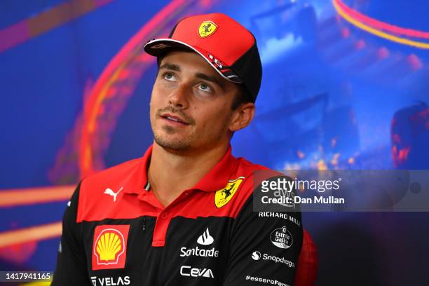 Charles Leclerc of Monaco and Ferrari attends the Drivers Press Conference during previews ahead of the F1 Grand Prix of Belgium at Circuit de...