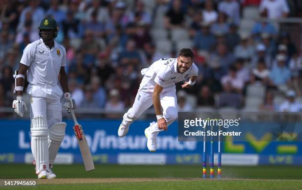 England bowler James Anderson in bowling action during day one of the second test match between England and South Africa at Old Trafford on August...