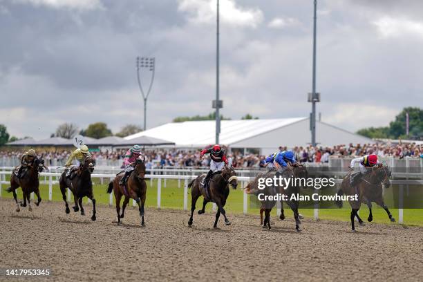 John Egan riding Wonder Elzaam win The Chelmsford City Cup Handicap at Chelmsford City Racecourse on August 25, 2022 in Chelmsford, England.