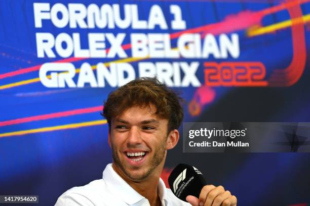 Pierre Gasly of France and Scuderia AlphaTauri attends the Drivers Press Conference during previews ahead of the F1 Grand Prix of Belgium at Circuit...