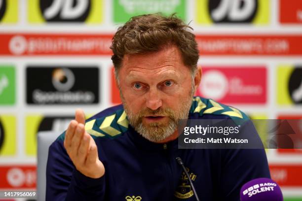 Southampton manager Ralph Hasenhüttl attends a Southampton FC press conference at the Staplewood Campus, on August 25, 2022 in Southampton, England.