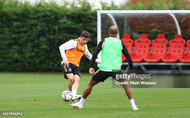 Romain Perraud in action during a Southampton FC training session at the Staplewood Campus, on August 25, 2022 in Southampton, England.
