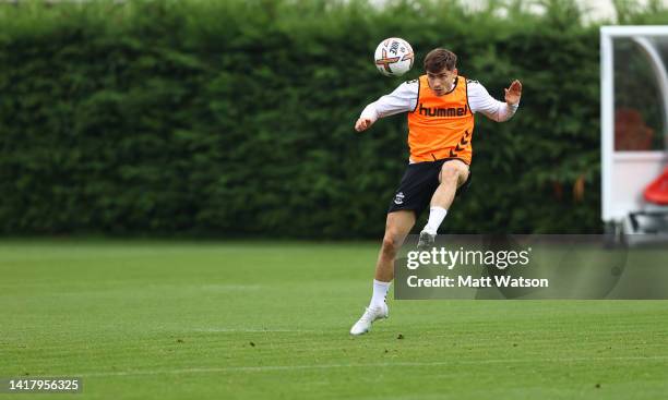 Romain Perraud in action during a Southampton FC training session at the Staplewood Campus, on August 25, 2022 in Southampton, England.