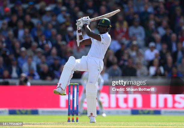 Kagiso Rabada of South Africa plays a shot during day one of the Second LV= Insurance Test Match between England and South Africa at Old Trafford on...