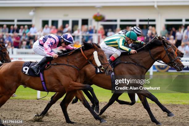 Andrea Atzeni riding Sunglasses win The Betsi Golden Mile Maiden Stakes at Chelmsford City Racecourse on August 25, 2022 in Chelmsford, England.