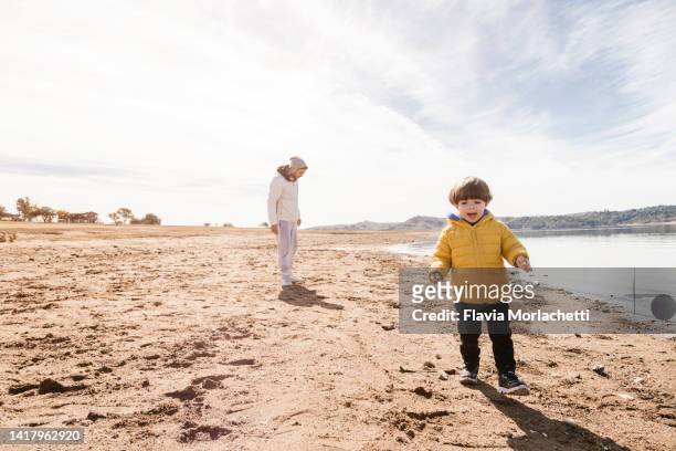 father and son playing on a lake shore during winter - argentinians stock pictures, royalty-free photos & images