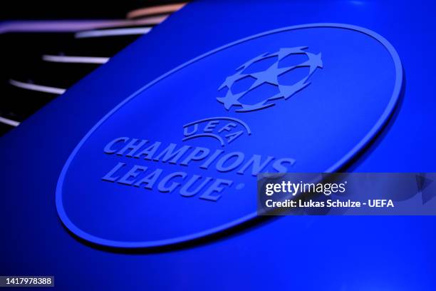 The UEFA Champions League logo is seen prior to the UEFA Champions League 2022/23 Group Stage Draw at Halic Congress Centre on August 25, 2022 in...
