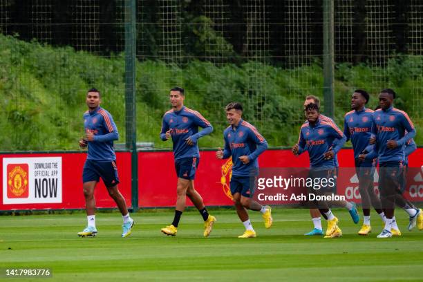 Casemiro, Cristiano Ronaldo, Lisandro Martinez, Fred, Anthony Elanga, Aaron Wan-Bissaka of Manchester United in action during a first team training...
