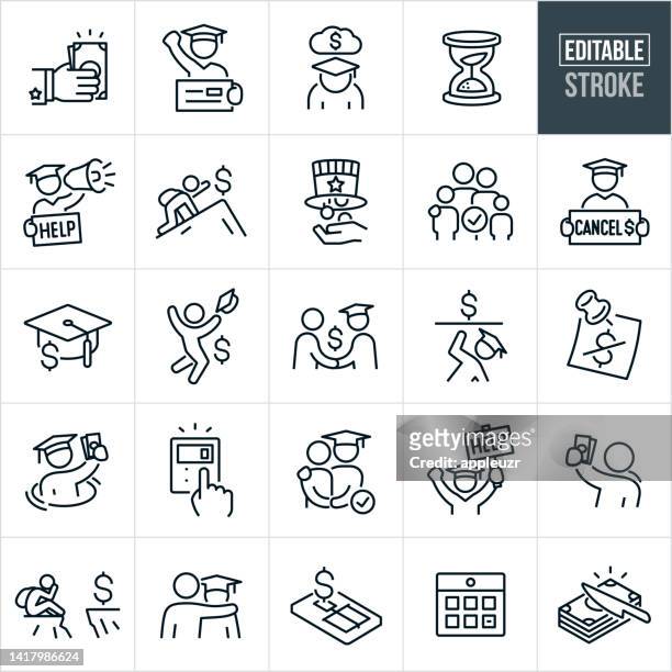 thin line-symbole für studentendarlehensschulden - bearbeitbarer strich - hochschulstudium stock-grafiken, -clipart, -cartoons und -symbole