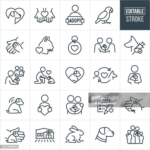 ilustrações de stock, clip art, desenhos animados e ícones de pet adoption thin line icons - editable stroke - holding cat