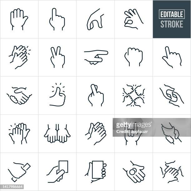 hands thin line icons - bearbeitbarer strich - finger kreuzen stock-grafiken, -clipart, -cartoons und -symbole