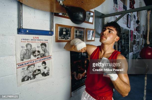 Boxer Oscar De La Hoya of the United States hits the speed ball during a training session on 1st June 1991 at the Resurrection Gym in Boyle Heights,...