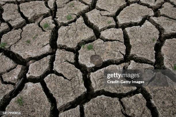 Cracked silt on the bank of the Fu River, a tributary of the Yangtze River, seen on August 25, 2022 in Wuhan, Hubei Province, China. Since July the...