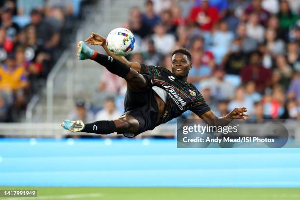 LigaMX All-Star Aviles Hurtado attempts a scissor kick during the Cross & Volley Challenge during the MLS All-Stars Skills Challenge at Allianz Field...