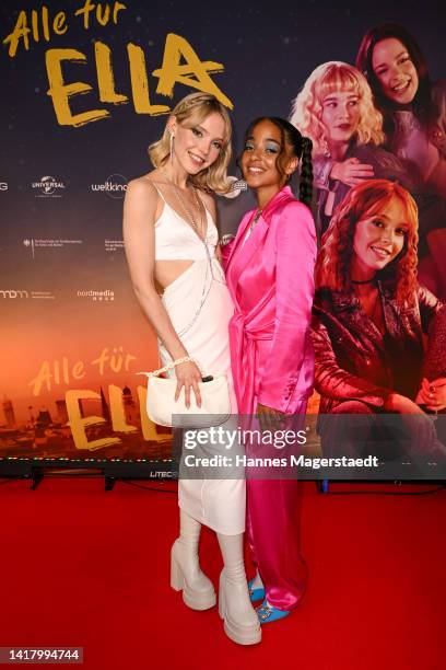 Actress Lina Larissa Strahl and Safira Robens attend the "Alle für Ella" premiere at Mathaeser Filmpalast on August 25, 2022 in Munich, Germany.
