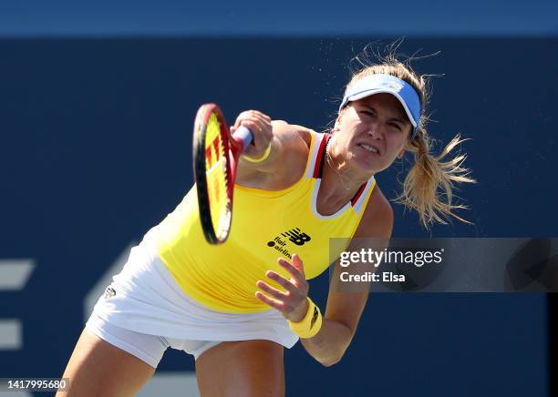 Eugenie Bouchard of Canada serves to Linda Noskova of the Czech Republic during round three of the qualifying round of the US Open at USTA Billie...