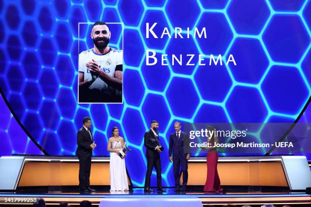 Karim Benzema of Real Madrid CF is presented with the UEFA Men's Player of the Year Award by UEFA President, Aleksander Ceferin during the UEFA...