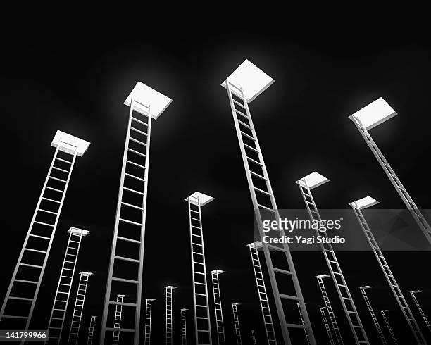 many ladders leading to the exit, black background - opportunity bildbanksfoton och bilder