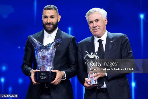 Men's Player of the Year, Karim Benzema of Real Madrid CF and UEFA Men's Coach of the Year, Carlo Ancelotti, Head Coach of Real Madrid CF pose for a...