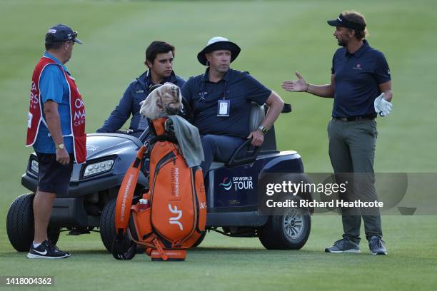 Joost Luiten of Netherlands speaks with a referee on the 9th fairway during Day One of the Omega European Masters at Crans-sur-Sierre Golf Club on...