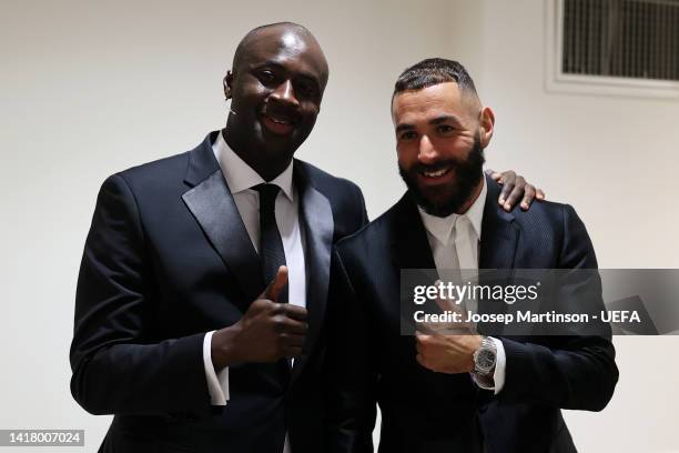 Special Guest, Yaya Toure and Karim Benzema of Real Madrid CF are seen backstage prior to the UEFA Champions League 2022/23 Group Stage Draw at Halic...