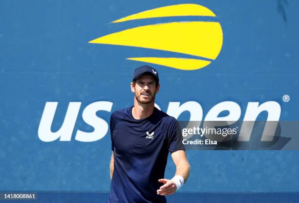 Andy Murray of Great Britain practices before the start of the US Open at USTA Billie Jean King National Tennis Center on August 25, 2022 in New York...